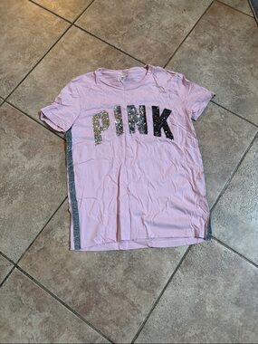 PINK Victoria's Secret Light Pink Sequin Logo Short Sleeve Tee